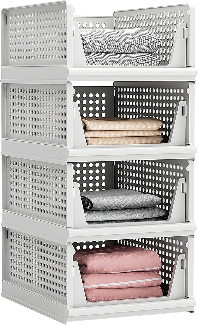 Stackable Plastic Storage Basket Closet Organizer Bin Foldable Clothes Organizer Storage Drawer Shelf Container for Living Room Bathroom Kitchen Office Laundry Room