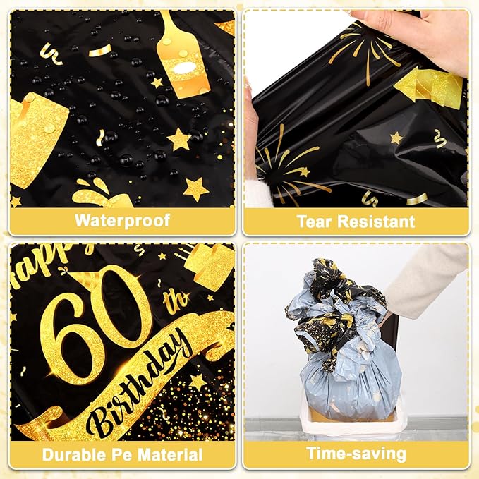 3 Pack 60th Birthday Tablecloth, Plastic Black Gold Table Cloths 60th Birthday Table Cover, Disposable Rectangle Table Cloths for Birthday Party Decorations, 54x108