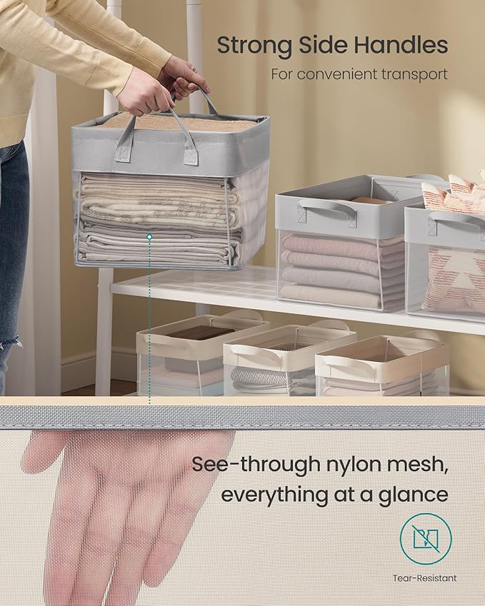 SONGMICS Storage Bins Set of 3, Medium Fabric Storage Baskets, Foldable Organizer with Transparent Nylon Mesh, 15.7 x 11.8 x 9.8 Inches, Handles, for Bedroom, Living Room, Dove Gray URFB940G01