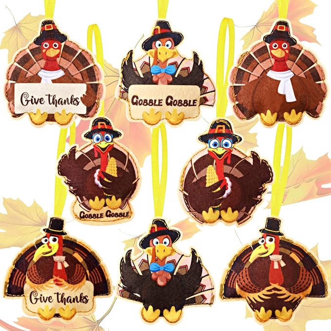 8 Pcs Thanksgiving Tree Ornaments Turkey Felt Thanksgiving Tree Decoration Give Thanks Gobble Hanging Ornaments with Rope for Harvest Theme Party Supplies Fall Door Decor