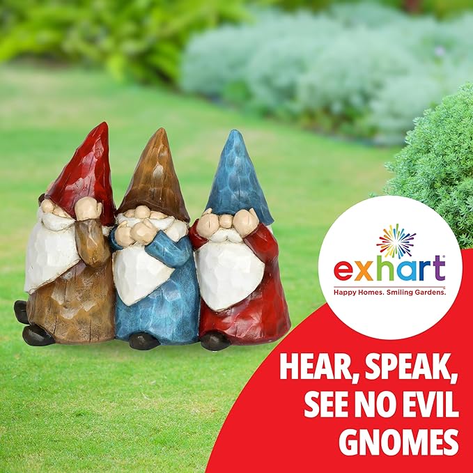 Exhart Garden Gnomes, See No, Hear No, Speak No Evil Garden Gnome Statue, Hand Painted Outdoor Garden Decorations, 12 x 9 Inch