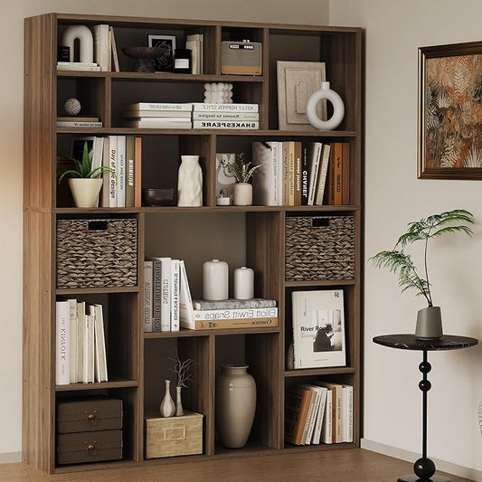 71” Tall Wooden Bookcase 6-Tier Large Bookshelves with 2 Woven Baskets, 55" Wide Floor Standing Wood Display Organizer Shelves for Living Room（Brown）