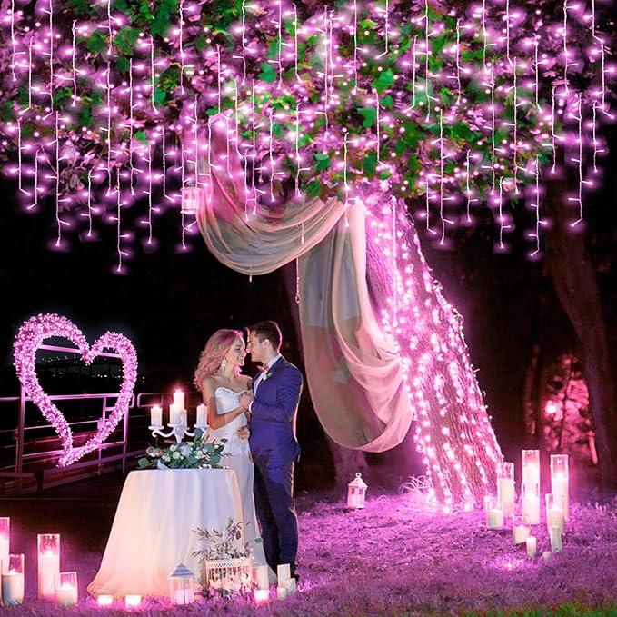 Pink Christmas Lights Outdoor, 33ft 400 LED Icicle Lights for Outside Clear Wire Connectable Twinkle Light with 8 Modes Timer Plug in Waterproof for Window Party Wedding Holiday Patio Tree Decorations