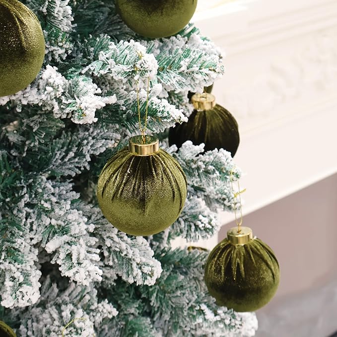 3.15inch Green Velvet Ornaments for Christmas Tree, 15pcs Flocked Christmas Ornaments Decorations Balls Set Decor