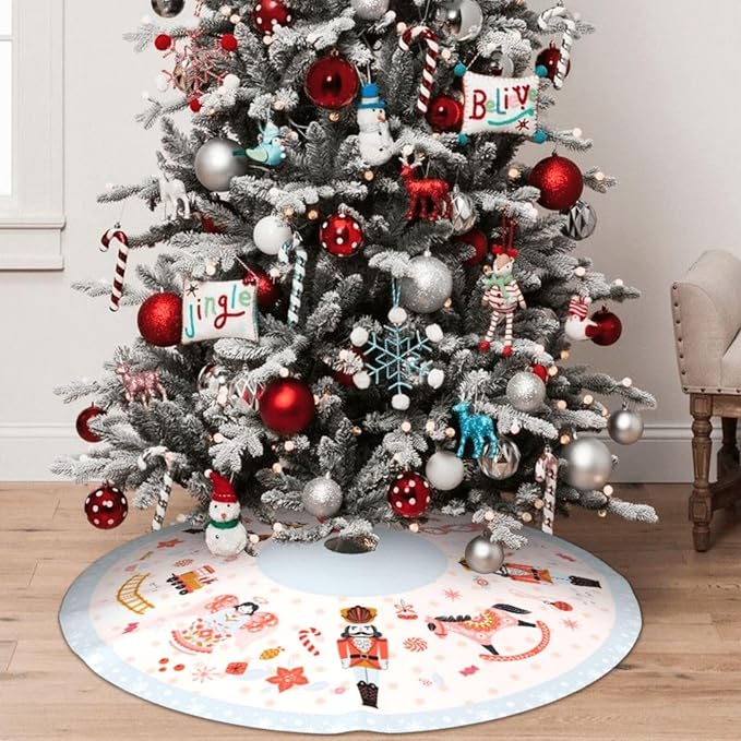 36" Large Christmas Tree Skirt, Nutcracker Candy Pattern Tree Mat Base Cover for Xmas Festive Holiday Party Decoration Ornaments