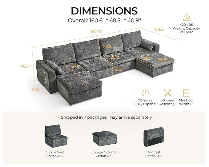 Oversized Modular Sofa Comfy Cloud Couch with Storage, Extra Deep Plush Sectional Sofa Set for Living Room, Covers Washable, Chenille, Olar (Grey, 6-Seater with 2 Ottomans, u-Shaped)
