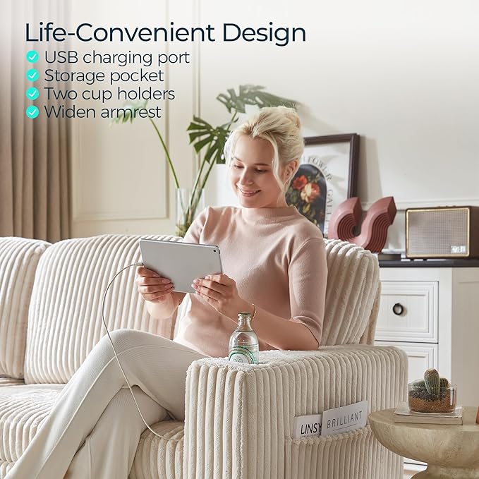 LINSY HOME Sectional Sleeper Sofa with Pull Out Couch Bed - Convertible Plush Corduroy Cloud Couch with Storage Chaise & USB Charging, Comfy L Shaped Modular Couches for Living Room Apartment, Beige