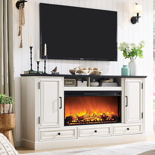 Fireplace TV Stand for 80 Inch TV, 35.7" Tall Farmhouse Entertainment Center W/36'' Electric Fireplace, Media Console with Large Storage Cabinets and Drawers for Living Room, Antique White