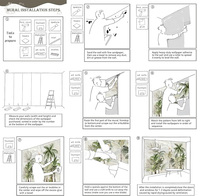 AFZEVEB-Green Forest Nursery Wallpaper Tropical Parrots Wall murals for Kids Room 136"x96" (Not Peel and Stick)