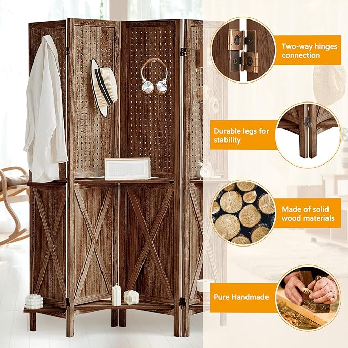 4 Panel Pegboard Display with 16 Hooks, Wooden Pegboard Room Divider Wall with Shelf, Rustic Room Dividers and Folding Privacy Screens, Bedroom, Jewelry Store, Brown