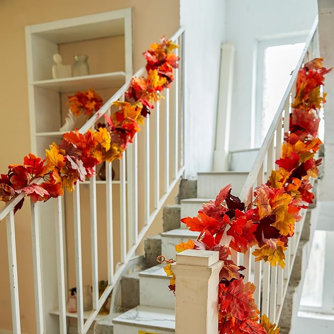 6PCS Fall Maple Leaves Garland, Party Joy 5.6Ft Artificial Maple Leaf Autumn Garland Hanging Fall Vines Table Decorations Front Door Fall Decor Thanksgiving Decorations Decor Outside Indoor Decor