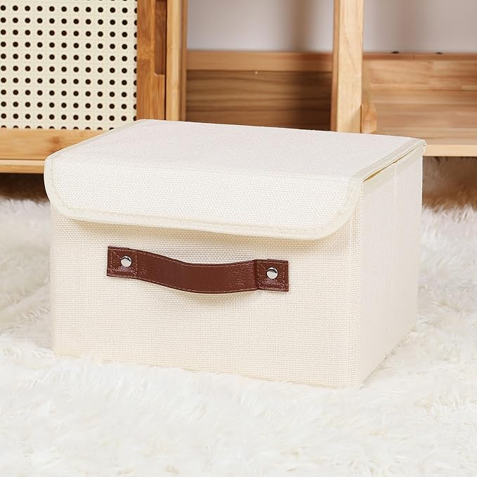 ANMINY 4PCS Storage Bins with Lid PU Leather Handles Storage Boxes PP Plastic Board Decorative Foldable Lidded Cotton Linen Fabric Home Cubes Baskets Closet Organizer Containers - Beige, Small Size