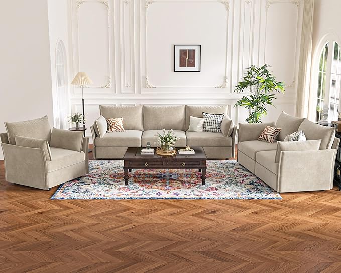 Luxury Modular Sectional Sofa, L-Shaped 3-Seat Couch with Storage Ottoman Deep Seat & Reversible Chaise Lounge Chenille Beige for Compact Spaces, Apartments, Dorm