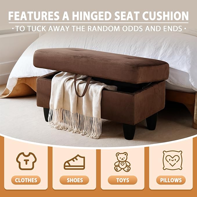 Ottoman Rectangular Storage Ottoman Bench, Flannel Footrest Stool Footstool with Lid for Living Room, Bedroom, Entryway, Chocolate, 28.5"x19"x17.5"