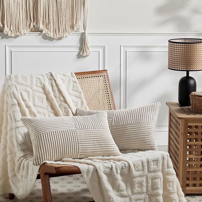 Fancy Homi 2 Packs Neutral Taupe Lumbar Decorative Throw Pillow Covers 12x20 Inch for Living Room Couch Bed Sofa, Farmhouse Home Decor, Soft Striped Corduroy Rectangle Accent Cushion Case 30x50 cm