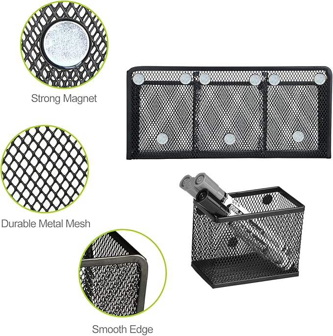 Neudeco Magnetic Pencil Holder, Locker Shelf Organizer, Metal Storage Basket for Whiteboard, Refrigerator, Ideal Cabinet for School, Black (Pack 4)