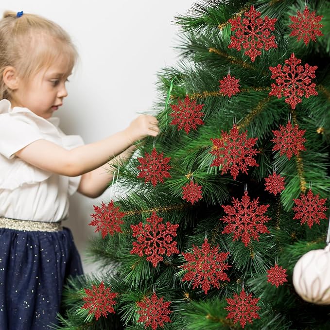 36pcs Red Christmas Snowflake Ornaments, Plastic Glitter Hanging Snow Flakes for Christmas Tree Decorations Winter Wonderland Frozen Birthday Party Holiday Home Decor Craft Snowflakes
