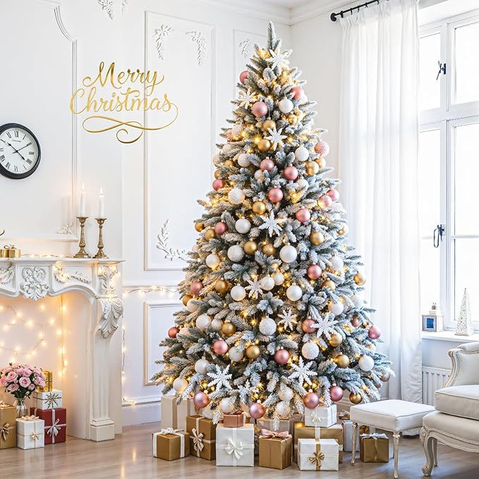 9ft Pre-lit Artificial Christmas Tree with Remote, Snow Flocked Xmas Trees Rotating & Foldable Stand, RGB & Warm White Light for Home Decor