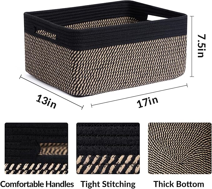 Large Storage Baskets for Shelves, Closet Organizers Bins for Clothes Blanket Towels, Baby Nursery, Toy Baskets Box, Woven Rope Baskets, 17 x 13 x 7.5”, 2 Packs Woven Brown