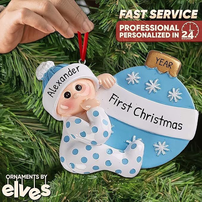 3D Personalized Babys First Christmas Ornament 2025 Boy | Baby's First Christmas Ornament 2025 Baby Ornaments for Xmas Tree My 1st Xmas Ornaments for Couples New Parents - Blue Polka Dot Baby Boy