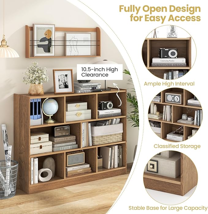 Tangkula 8-Cube Bookcase, Wood 3 Tier Open Storage Bookshelf, Modern Multipurpose Display Cabinet for Living Room, Study, Reading Nook, 48 x 12.5 x 36.5 Inch, Natural