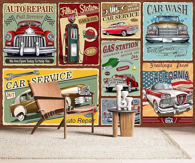 AFZEVEB-Car Poster Wallpaper Vintage Wall murals for Bedroom 136"x96" (Not Peel and Stick)