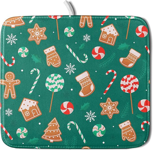 Gingerbread Dish Drying Mat for Kitchen Counter Holiday Green Super Absorbent Reversible Microfiber Kitchen Countertop Protector Dishes Pad Small 16x18 inch
