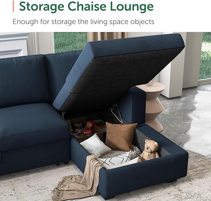 HONBAY Sectional Sleeper Sofa with Pull Out Bed U-Shape Sectional Couch Sleeper Bed with Storage Chaise Lounge Living Room 6 Seater Sectional Sofa Bed,Velvet Dark Blue