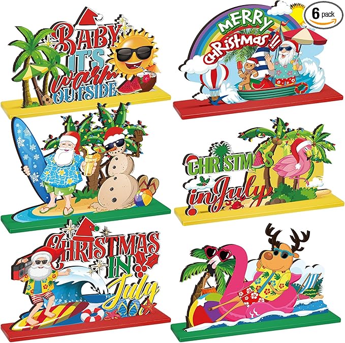6 Pcs Summer Christmas in July Wooden Table Decoration July Summer Table Centerpiece Sets Decor Christmas Party Supplies Santa Flamingo Palm Tree Beach Party Table Decorations Holiday Xmas Supplies