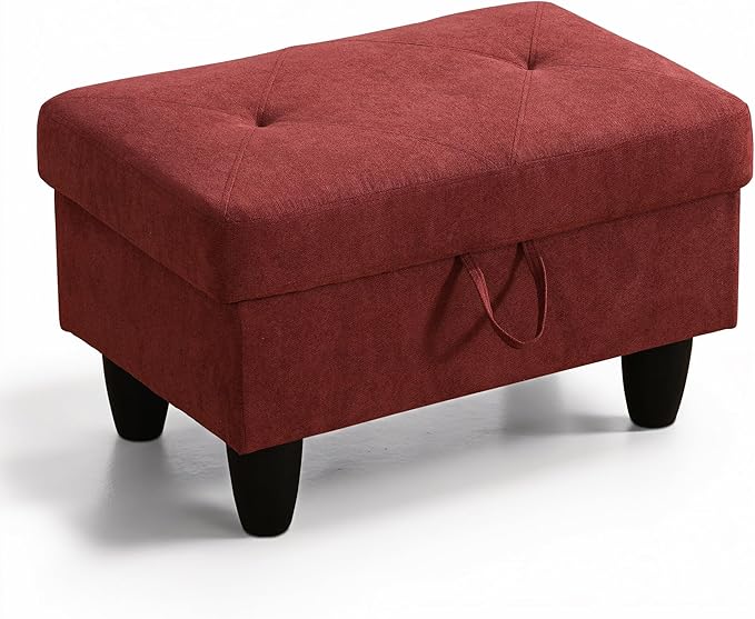 Ottoman Rectangular Storage Ottoman Bench, Flannel Footrest Stool Footstool with Lid for Living Room, Bedroom, Entryway, Red, 28.5"x19"x17.5"