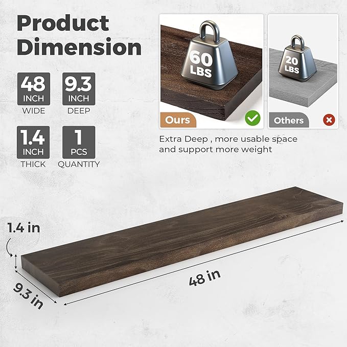RICHFOCUS Elm Floating Shelves for Wall - 48" W x 9.3" D Rustic Solid Wood Shelves with Invisible Bracket, Wall-Mounted for Living Room, Bedroom, Kitchen Storage & Display, Set of 1, Walnut
