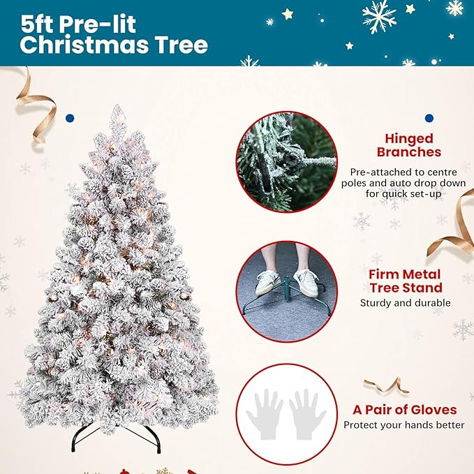5ft Pre-lit Flocked Christmas Tree, Artificial Christmas Tree with Lights, Snow Frosted Christmas Trees Pre-lit with Pine Cones & 300 UL Lights, 600 Tips, Hinged Easy Setup Xmas Tree