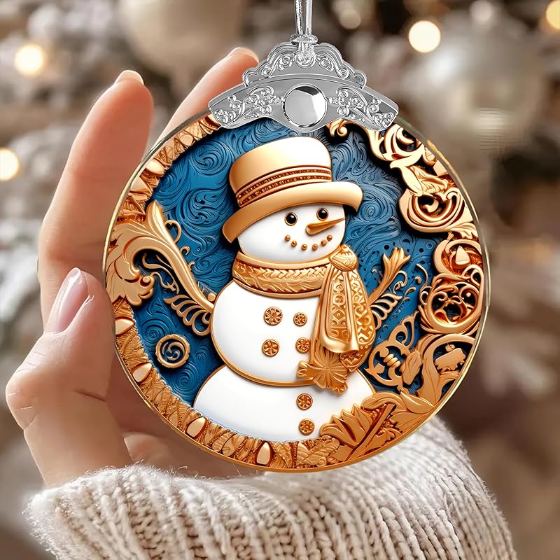 2025 Christmas Ornament, Stained Glass Effections, Christmas Tree 4 Inch Acrylic Ornament Art, White Elephant Gifts Car Interiors Decors, Christmas Decor (Yellow Hat Snowman)