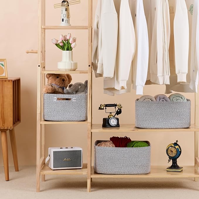 Large Storage Baskets for Shelves, Closet Organizers Bins for Clothes Blanket Towels, Baby Nursery, Toy Baskets Box, Woven Rope Baskets, 17 x 13 x 7.5”, 3 Packs Mixed Grey