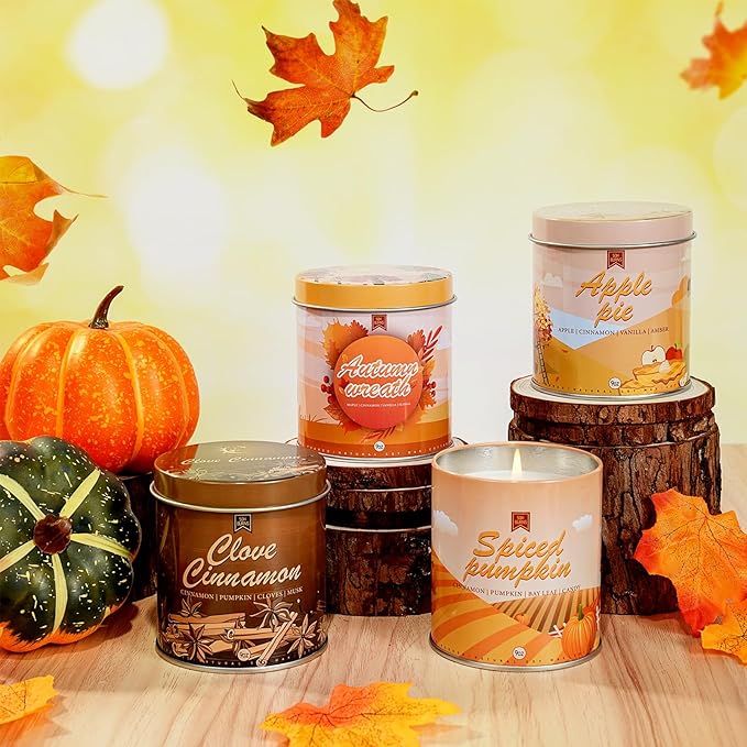 4 Pack Scented Fall Candles Set, 36oz Aromatherapy Soy Wax Candles for Home Scented, Halloween House Warming Gifts Birthday Candle for Women Halloween Apple Pie/Autumn Wreath/Cinnamon/Pumpkin Candle