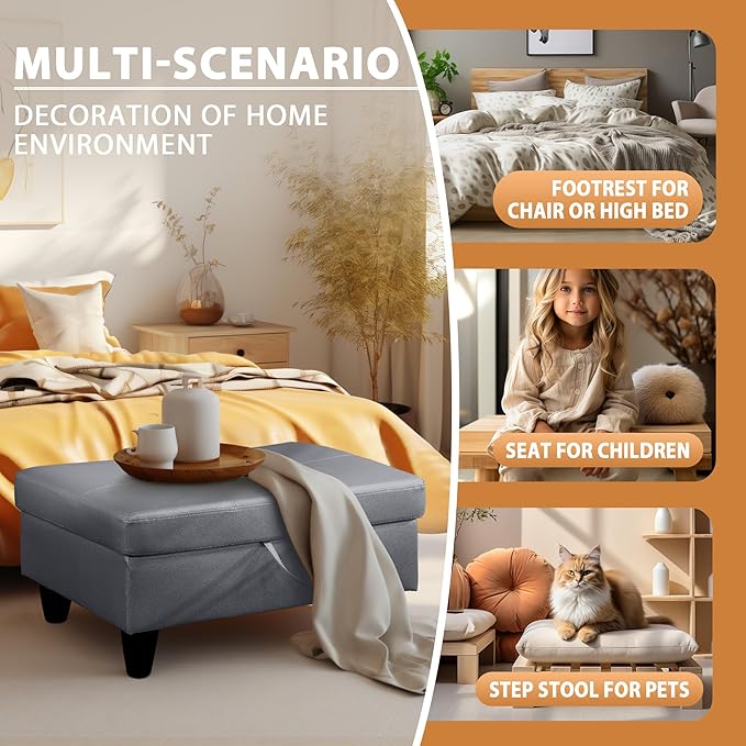 Ottoman Rectangular Storage Ottoman Bench, Faux Leather Footrest, Coffee Table, Stool Footstool with Hinged Lid for Living Room, Bedroom, Entryway, Gray, 28.5"x19"x17.5"