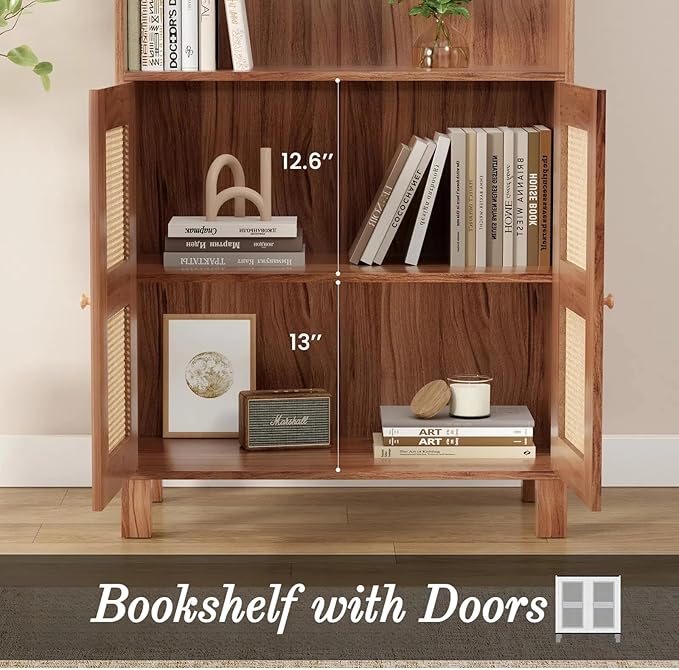 Tall Bookshelf, 5-Tier Book Shelf with 2 Rattan Doors, Freestanding Bookcase Display Shelves with Large Storage, Book Case for Living Room, Office, Study, Bedroom, 70.9 Inch