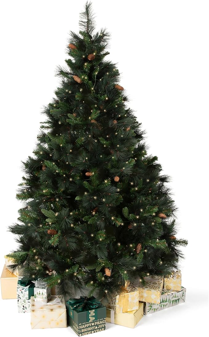 Papyrus 7 ft Pre-Lit Artificial Christmas Tree, Carolina Pine, Pine Cones, Warm White Lights, Includes Stand and Storage Bag