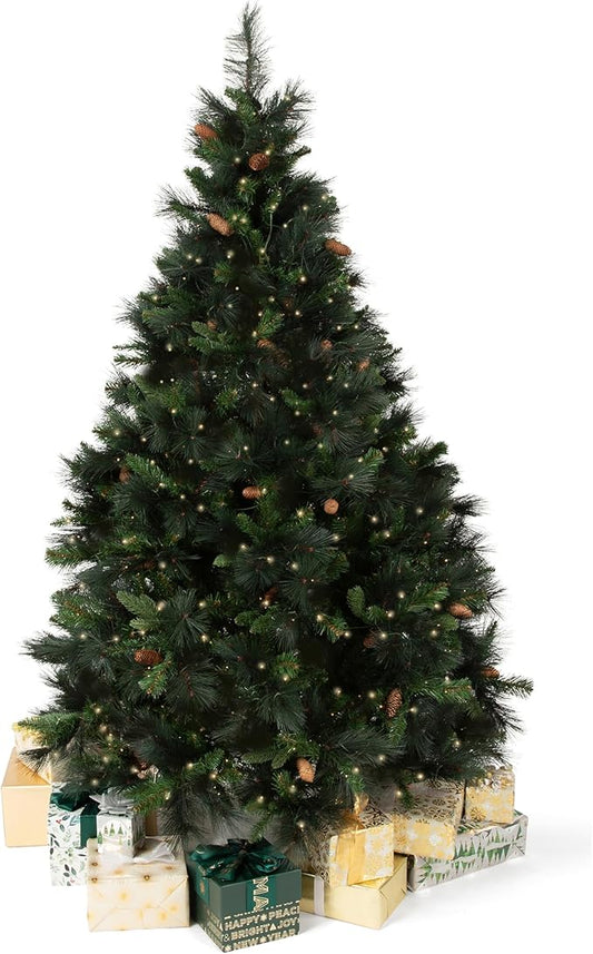Papyrus 7 ft Pre-Lit Artificial Christmas Tree, Carolina Pine, Pine Cones, Warm White Lights, Includes Stand and Storage Bag