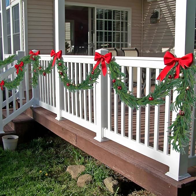 Hananona 9 Ft 2 Pcs Artificial Norfolk Pine Garlands, Realistic Pine Garland, Green Artificial Greenery Garland for Table, Mantle, Wall, Indoor, Outdoor Winter Christmas Decorations (2, 9 FT)