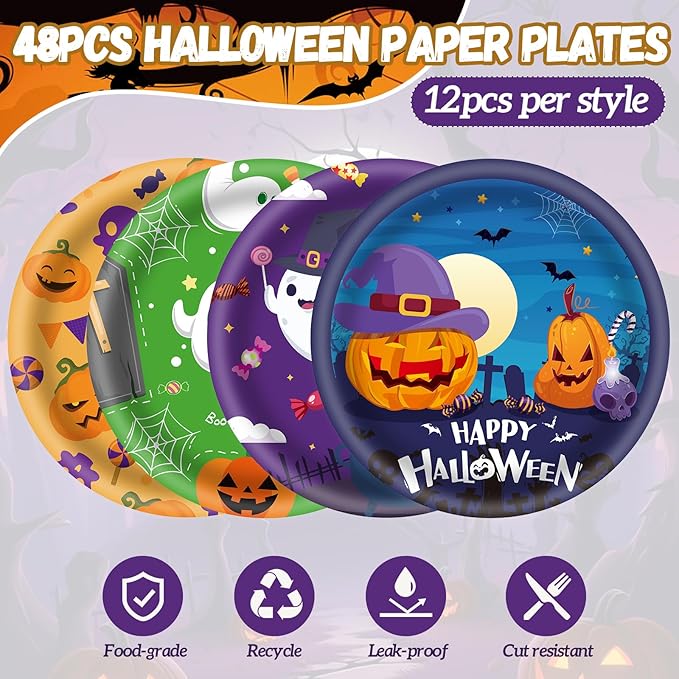 48Pcs Halloween 7inch Paper Plates - Pumpkin Ghost Spooky Dessert Plates for Cake Salad Fruit Disposable Cute Dinner Plates for Halloween Kids Trick or Treat Party Decoration, 4 Styles