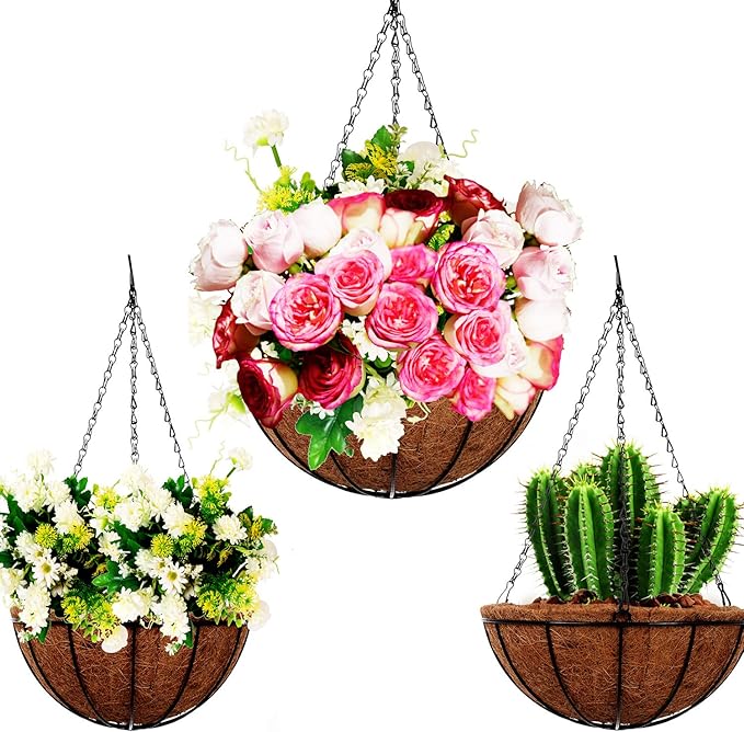 4 Pack 10 inch Metal Hanging Planters Basket with Coco Coir Liner Outdoor-Hanging Baskets for Plants Outdoor,Metal Wire Baskets with Window Box Planters, Hanging Flower Pots for Railings