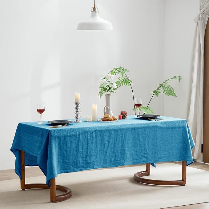 EVERLY 100% Pure Linen Rectangle Tablecloths 60x84Inches for Dining,Buffet Parties,Picnic,Events,Weddings and Restaurants,Decorative Halloween,Thanksgiving Machine Washable Tablecloths-Blue