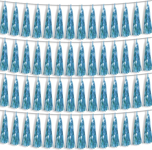 4P Light Blue Foil Fringe Metallic Streamers Banner Tassel Garland for Parade Floats, Bachelorette, Wedding, Birthday, Halloween, Christmas, Bridal/Baby Shower Party Decorations