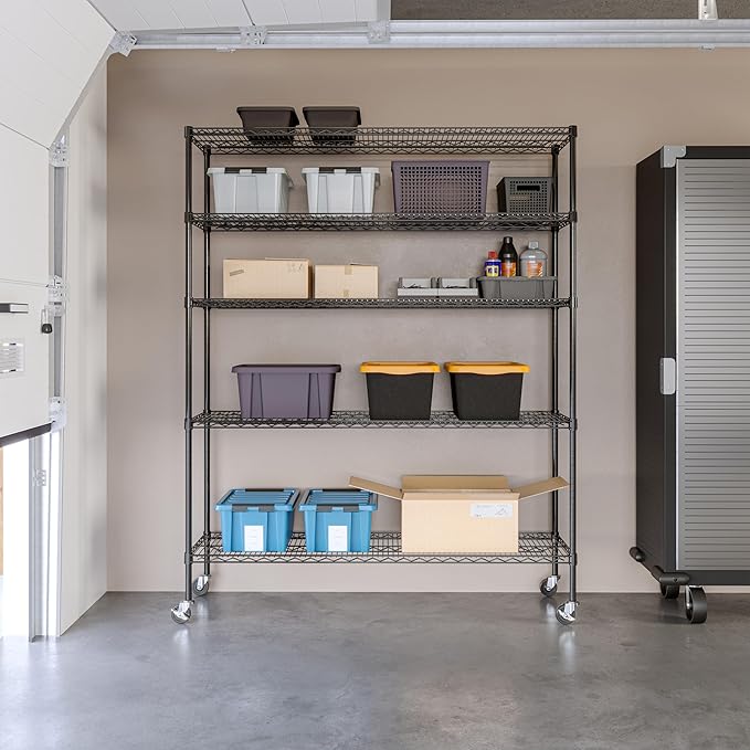 Seville Classics UltraDurable Heavy Duty NSF Solid Steel Wire Rack Storage Unit, Organizer for Garage, Warehouse, Office, Restaurant, Classroom, Kitchen, Black, 5-Tier Shelving, 60" W x 18" D