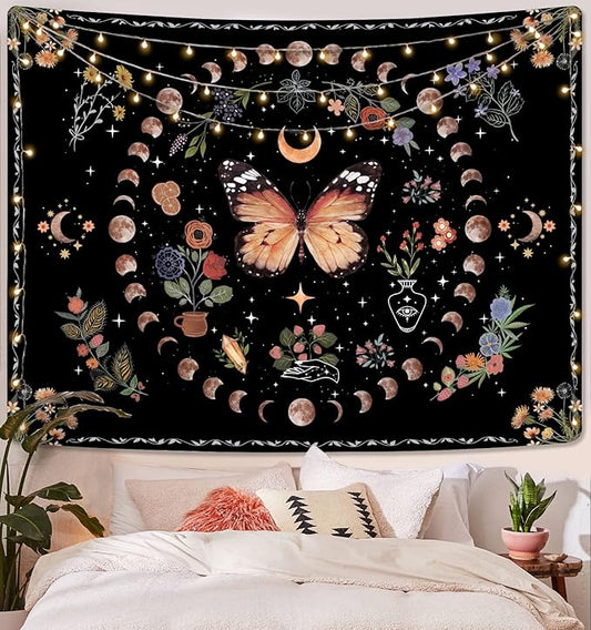 Fowocu Orange Butterfly Moon Flower Tapestry Boho Floral Plant Tapestries for Bedroom Aesthetic Tapastry's Wall Hanging Mandala Botanical Wall Tapestry for Living Room Dorm (Yellow, 80'' × 60'')