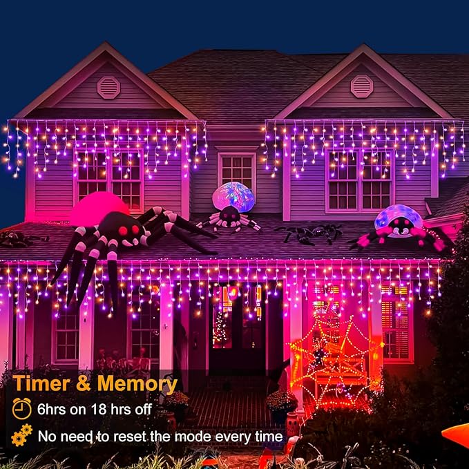 66ft Halloween Lights Outdoor, Orange and Purple Icicle Lights for Outside Indoor, 640 LED Twinkle String Lights with 120 Drops Clear Wire Short Curtain Light for House Party Tree Holiday Yard Decor