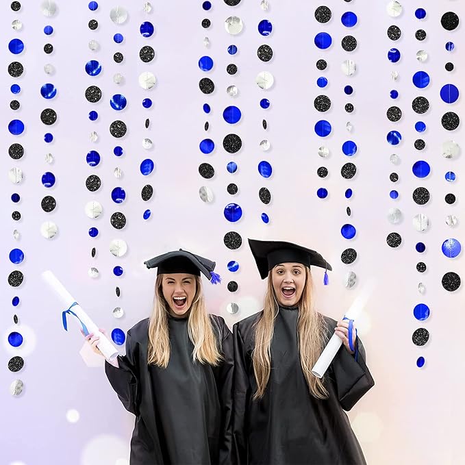 46Ft Navy Blue Black Silver Circle Dots Garland Royal Blue Black Polka Dots Streamer for Birthday Graduations Wedding Bridal Baby Shower Nautical Ahoy Achor Pirate Theme Party Decorations Supplies
