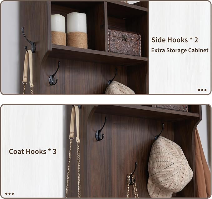 JXQTLINGMU 23" Farmhouse Hall Tree with Shoe Storage, Entryway Bench with 6 Cubbies, 5 Hooks & Barn Doors, Mudroom Coat Rack Cabinet, Brown