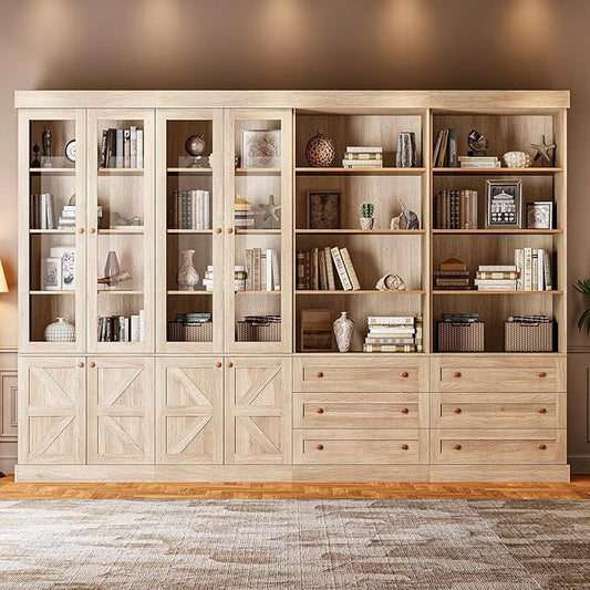 Vyre 71" Tall Farmhouse Bookshelves with Glass Doors and Drawers, Set of 4 – Large Modular Bookcase with Adjustable Shelves, Storage Cabinet for Living Room, Kitchen, Brown